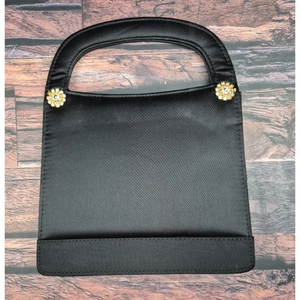 Black Satin Evening Bag Gold Bling Rope Strap Foldable Purse Wedding Prom Travel